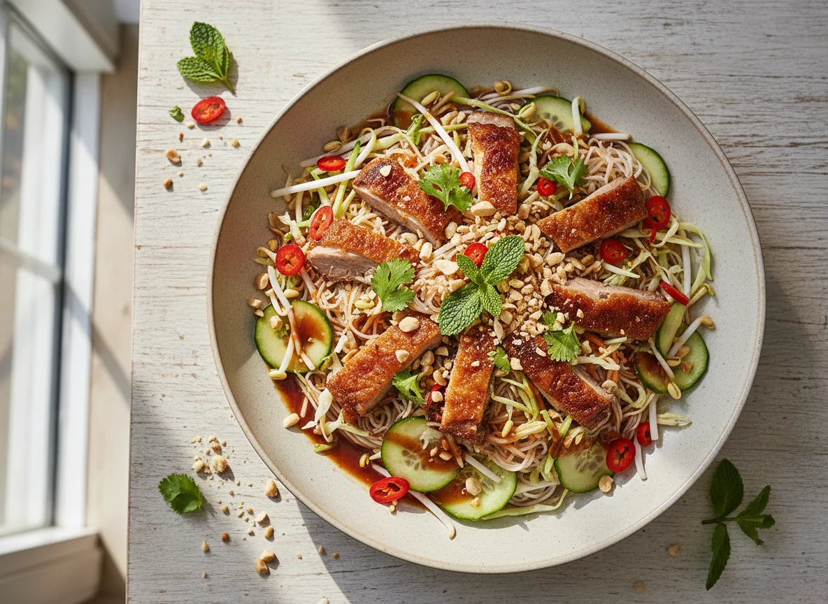Reisnudelsalat mit knuspriger Ente und Tamarinde-Soße photo