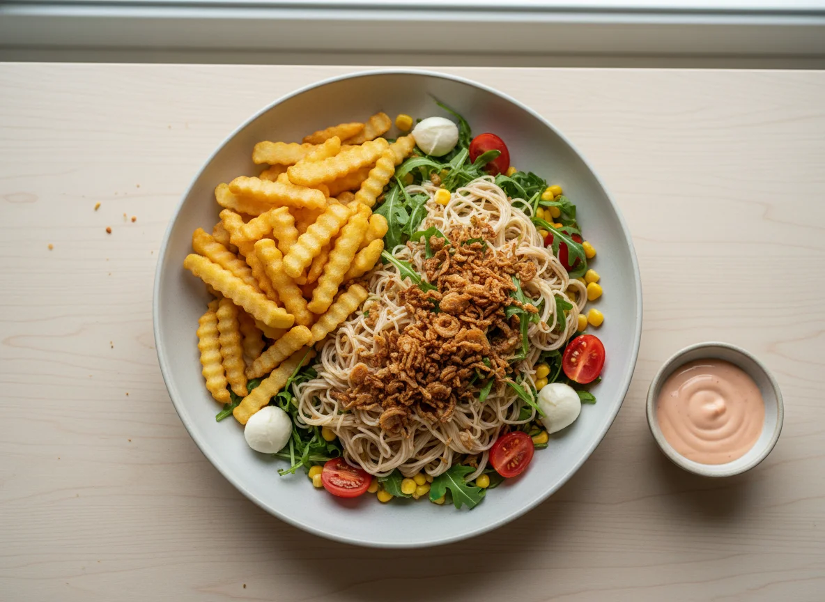 Reisnudel-Salat mit Pommes und Beilagen photo