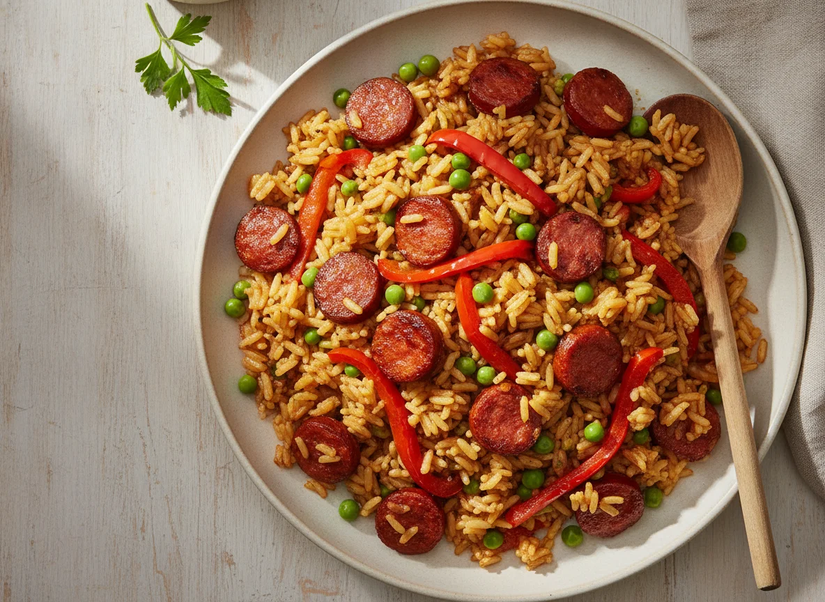 Reispfanne mit Chorizo, Paprika und Erbsen photo