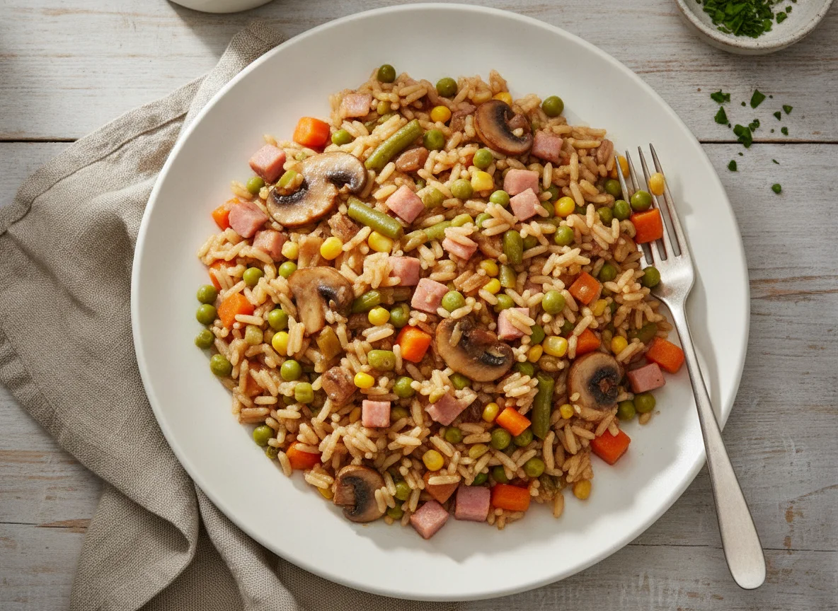 Reispfanne mit Fleisch und Gemüse photo