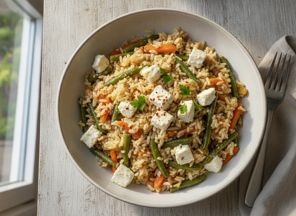 Reispfanne mit Gemüse und Feta photo