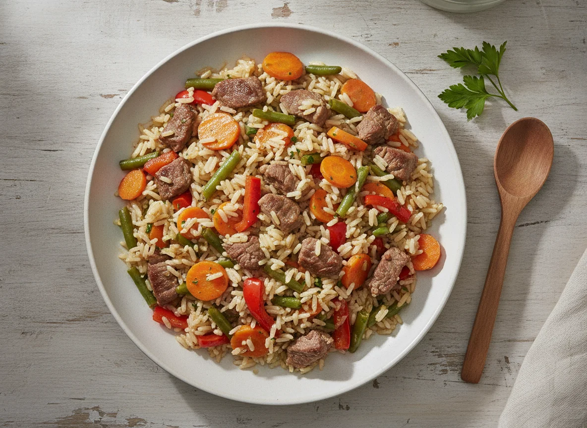 Reispfanne mit Gemüse und Fleisch photo