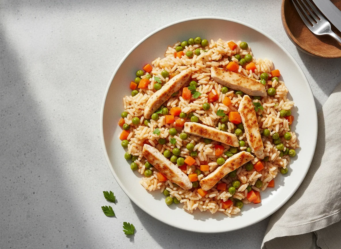 Reispfanne mit Gemüse und Hähnchen photo