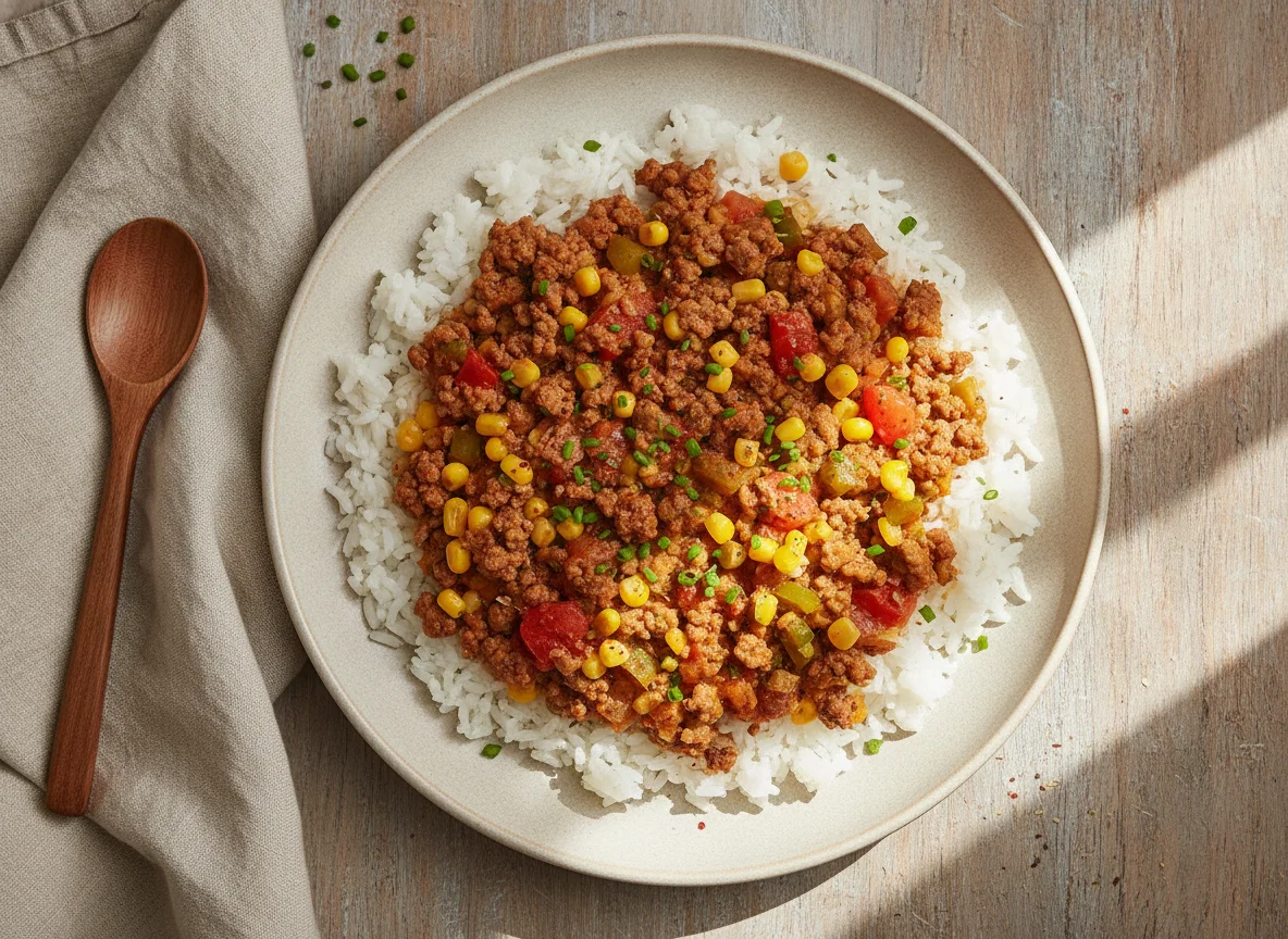 Reispfanne mit Hackfleisch photo