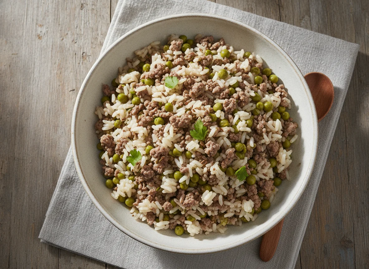 Reis-Pfanne mit Hackfleisch und Erbsen photo