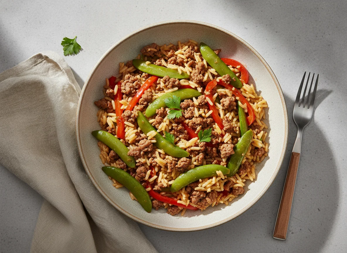 Reis-Pfanne mit Hackfleisch und Gemüse photo