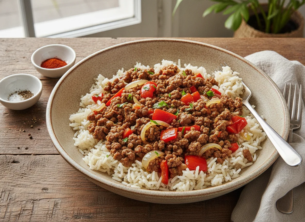 Reispfanne mit Hackfleisch und Paprika photo