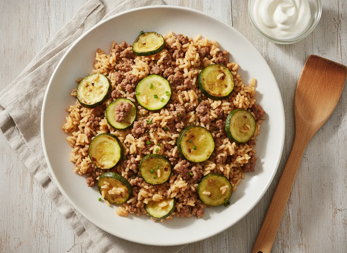 Reis-Pfanne mit Hackfleisch und Zucchini photo