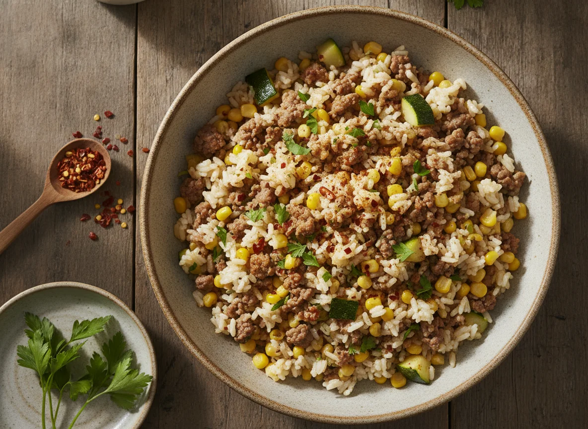 Reis-Pfanne mit Hackfleisch, Zucchini und Mais photo