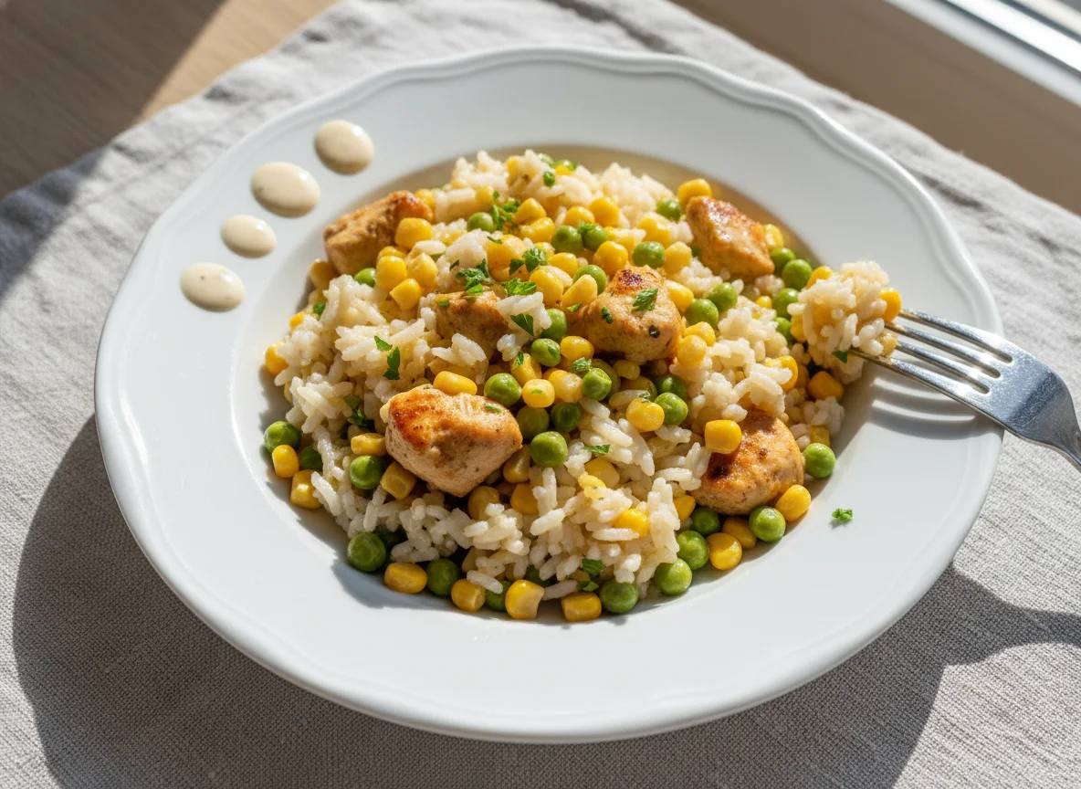 Reispfanne mit Hähnchen, Mais und Erbsen photo