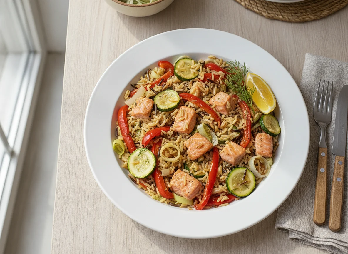 Reispfanne mit Lachs und Gemüse photo