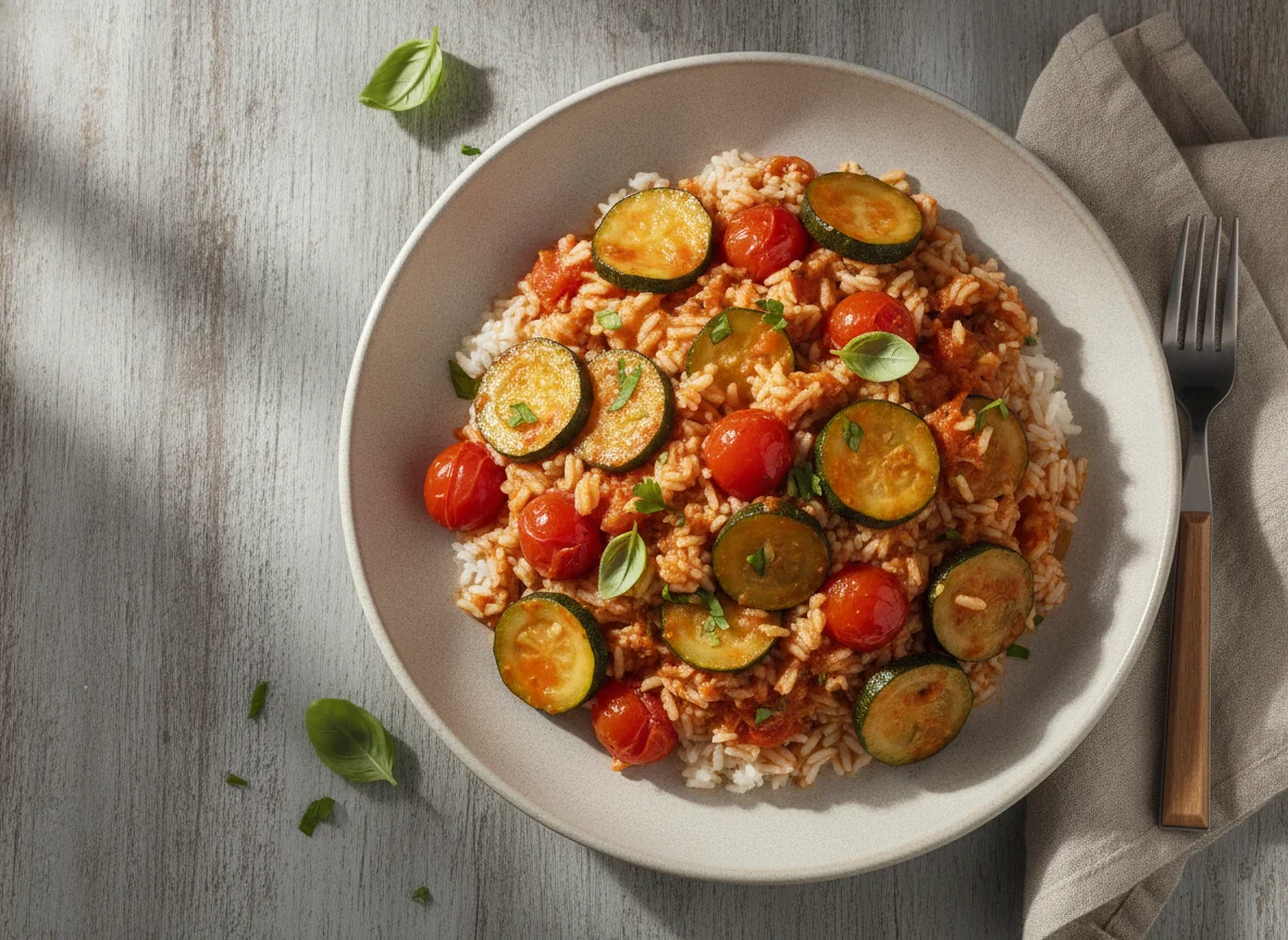 Reispfanne mit Tomaten und Zucchini photo