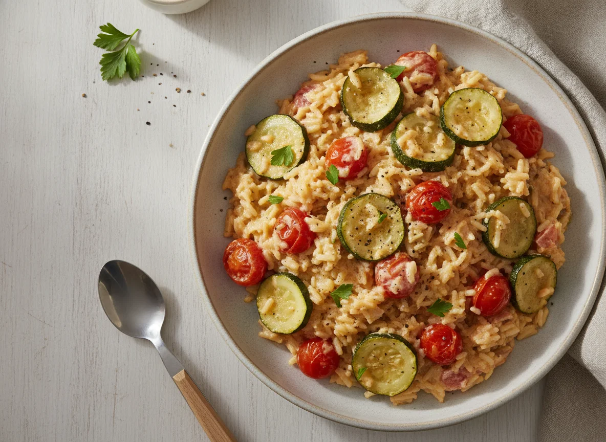 Reispfanne mit Zucchini und Tomaten photo