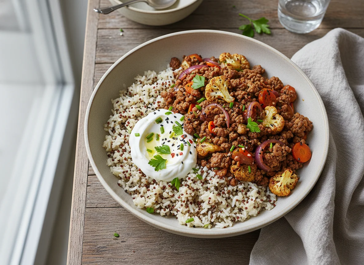 Reis-Quinoa-Bowl mit Hackfleisch und Joghurt photo