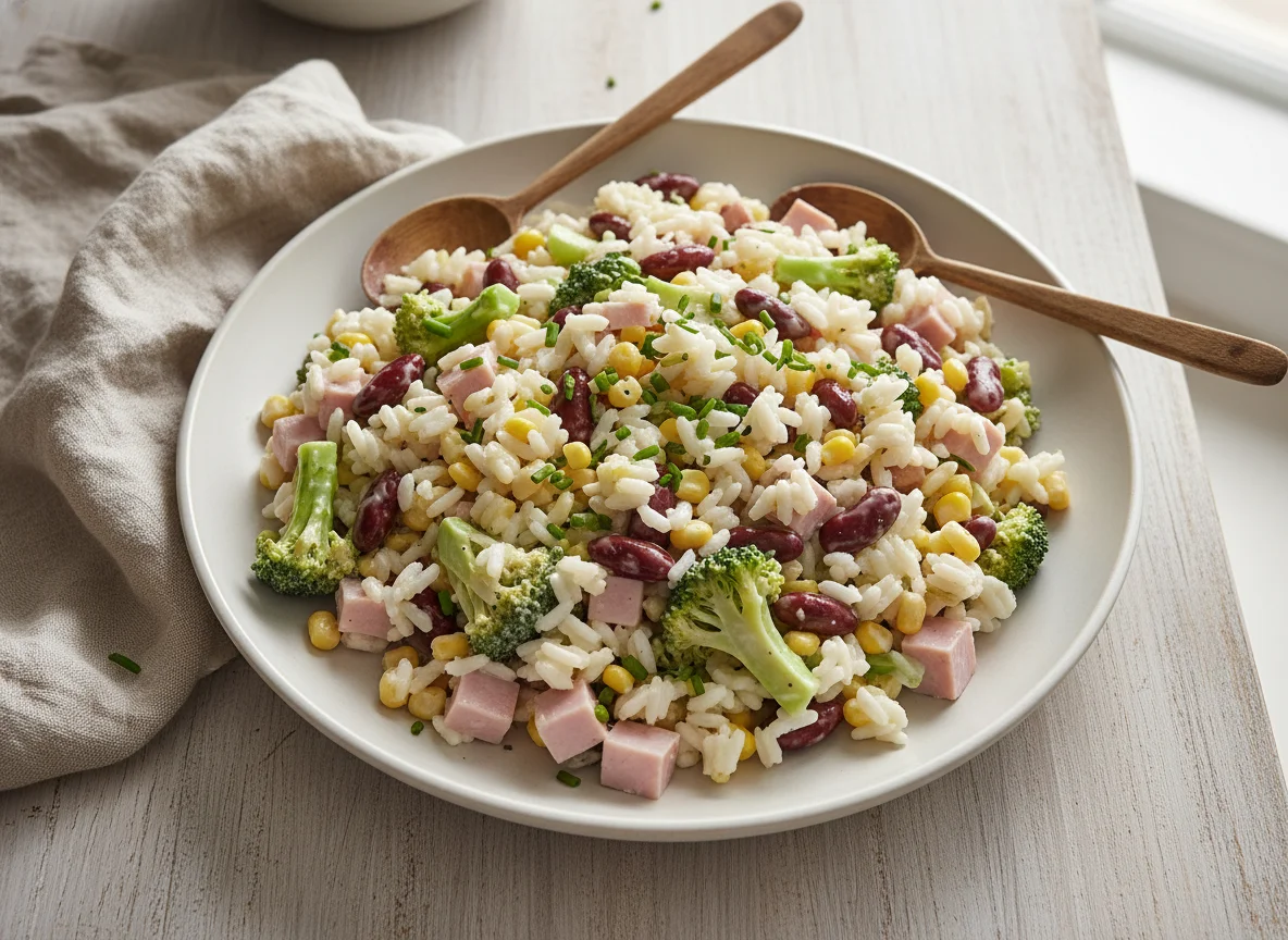 Reissalat mit Brokkoli, Mais, Kidneybohnen und Schinken photo