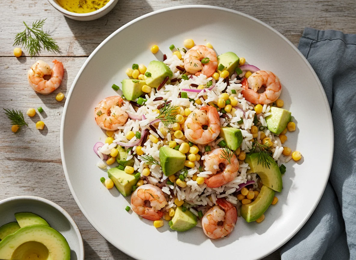 Reissalat mit Garnelen, Avocado und Mais photo