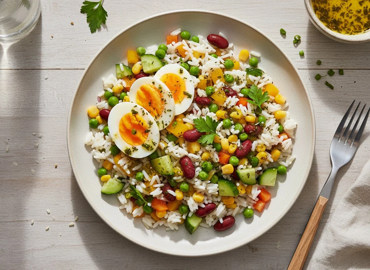 Reissalat mit Gemüse und Ei photo