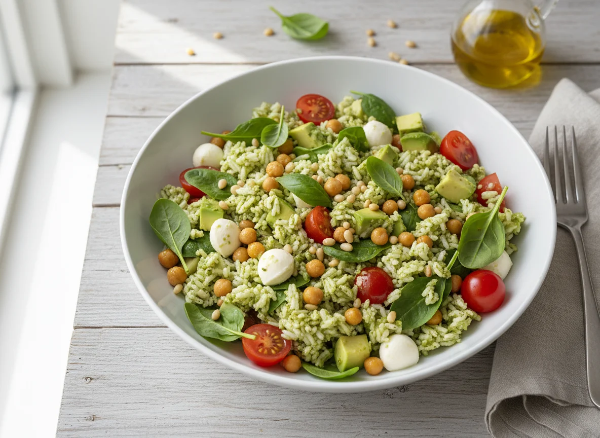Reis-Salat mit Pesto, Avocado und Kichererbsen photo