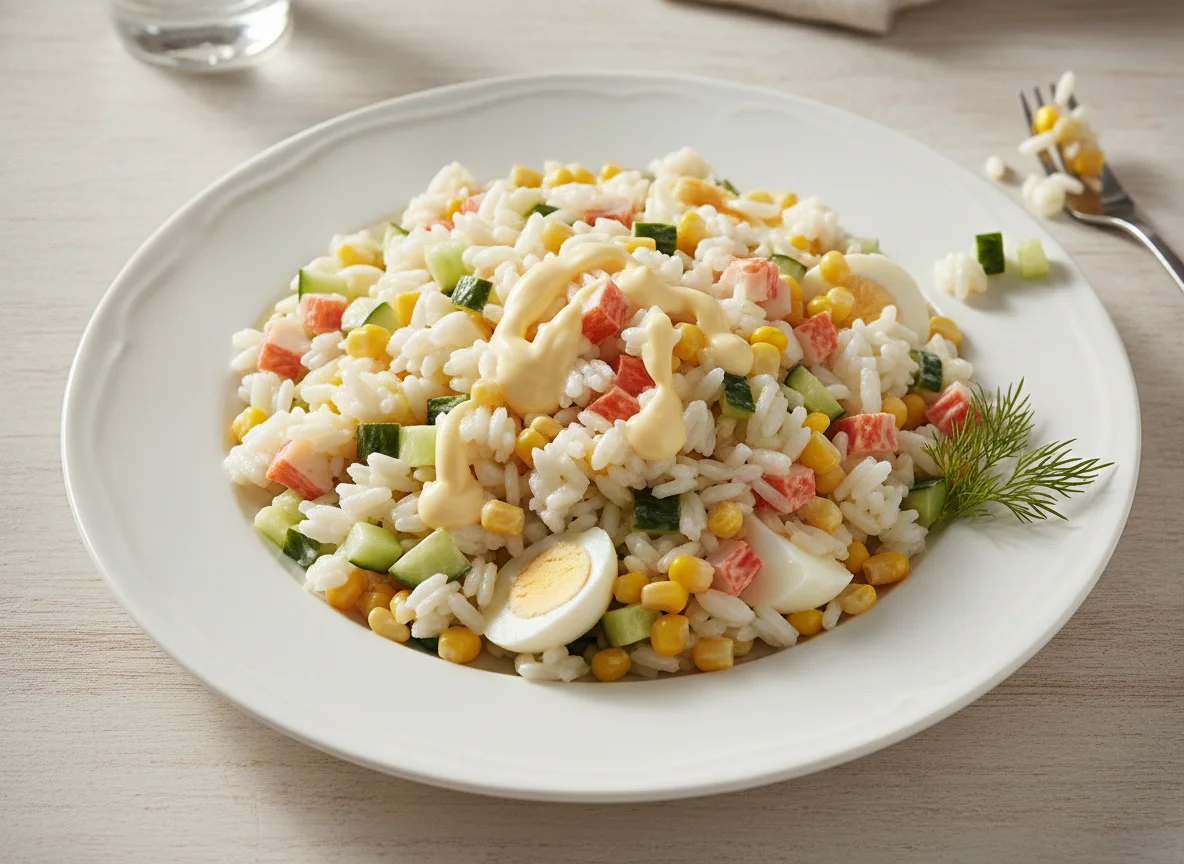 Reis-Salat mit Surimi und Mayonnaise photo