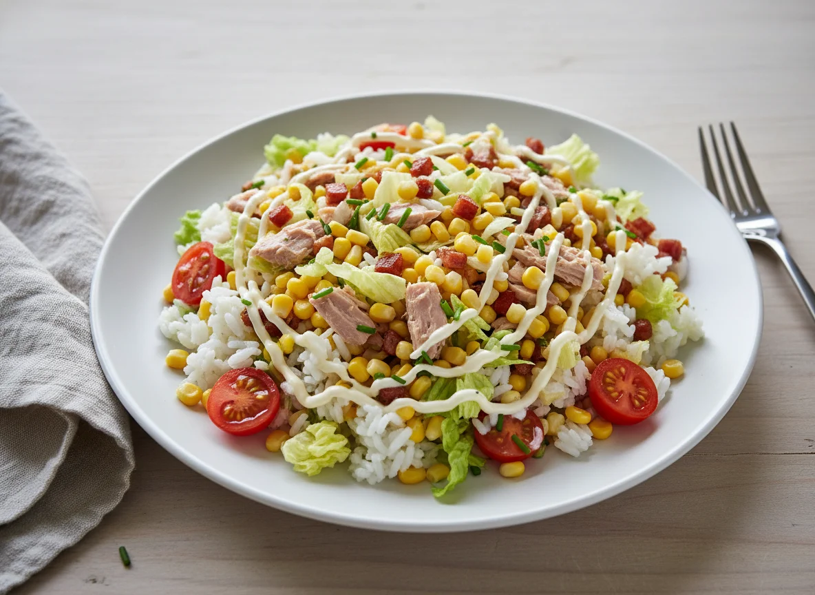 Reissalat mit Thunfisch, Mais und Speck photo