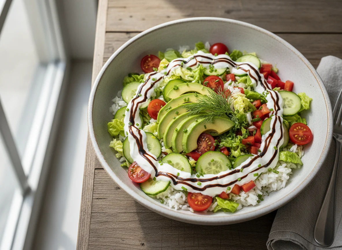 Reis-Salat-Bowl mit Avocado und Dressing photo