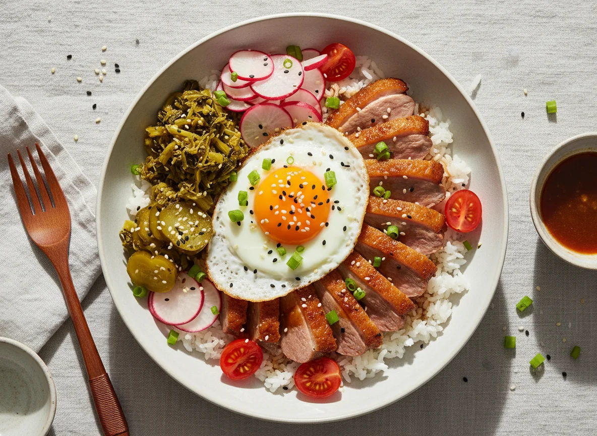 Reisschale mit Ente, Ei und eingelegtem Gemüse photo