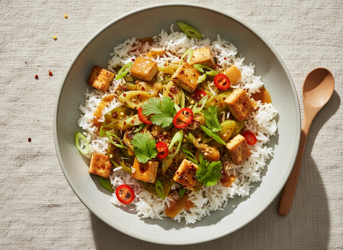 Reisschüssel mit Gemüse und Tofu photo