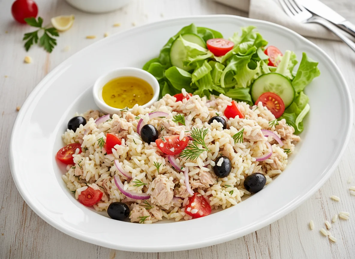 Reis-Thunfisch-Salat mit Beilagensalat photo