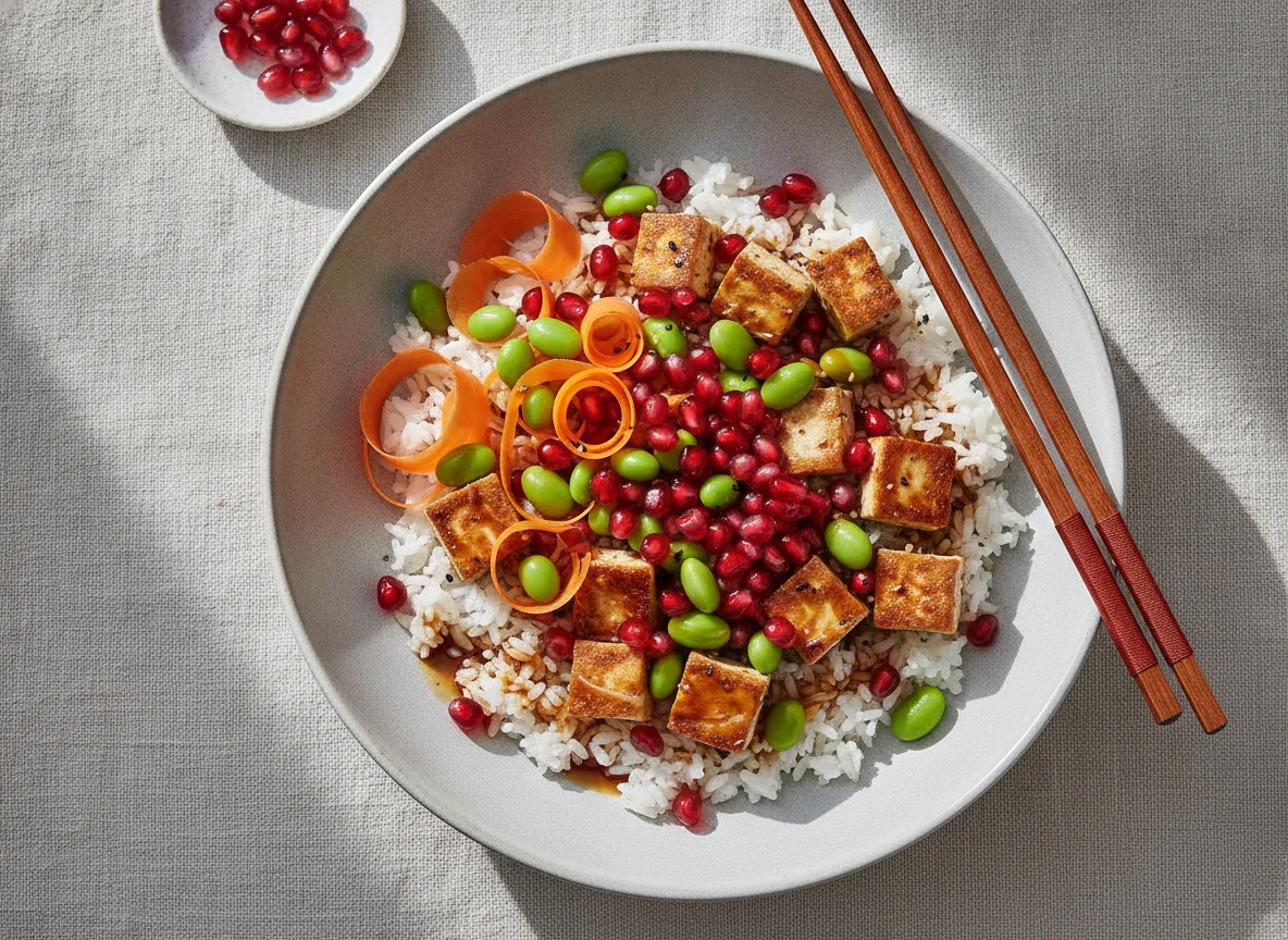 Reis-Tofu-Bowl mit Granatapfel und Edamame photo