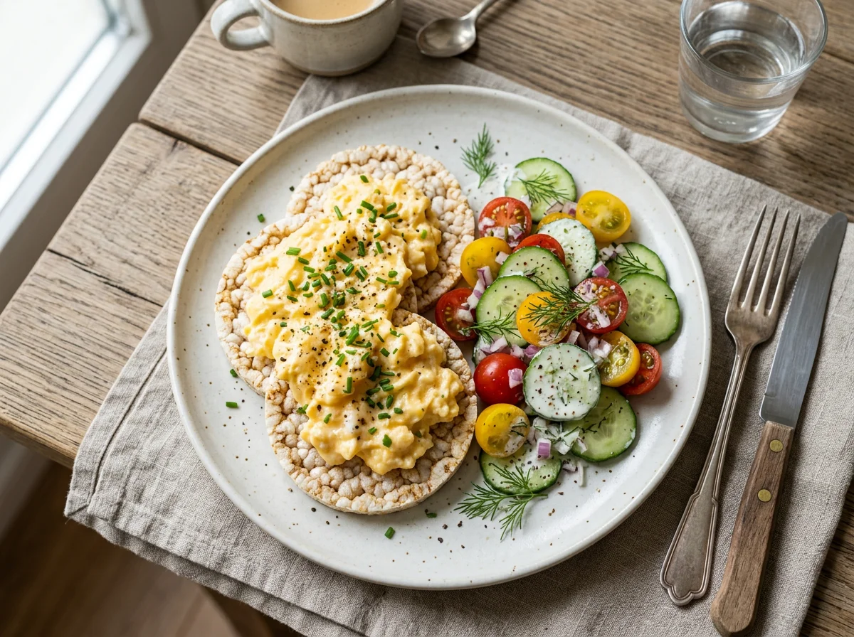 Reiswaffel mit Rührei und Gurken-Tomaten-Salat photo