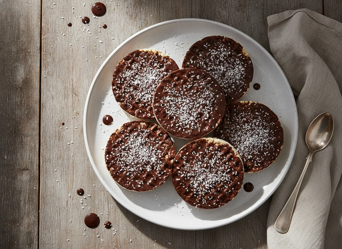 Reiswaffel mit Zartbitterschokolade und Kokosraspeln photo