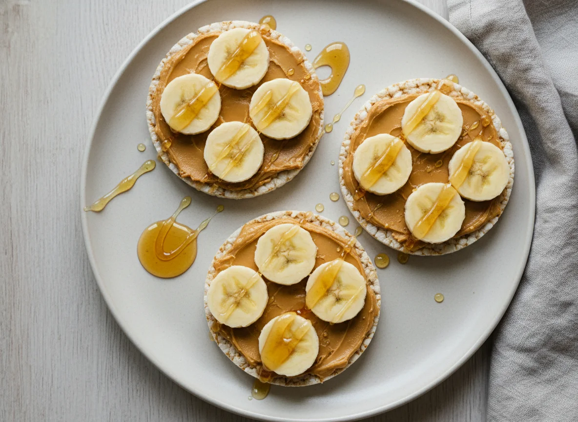 Reiswaffeln mit Erdnussbutter, Banane und Honig photo