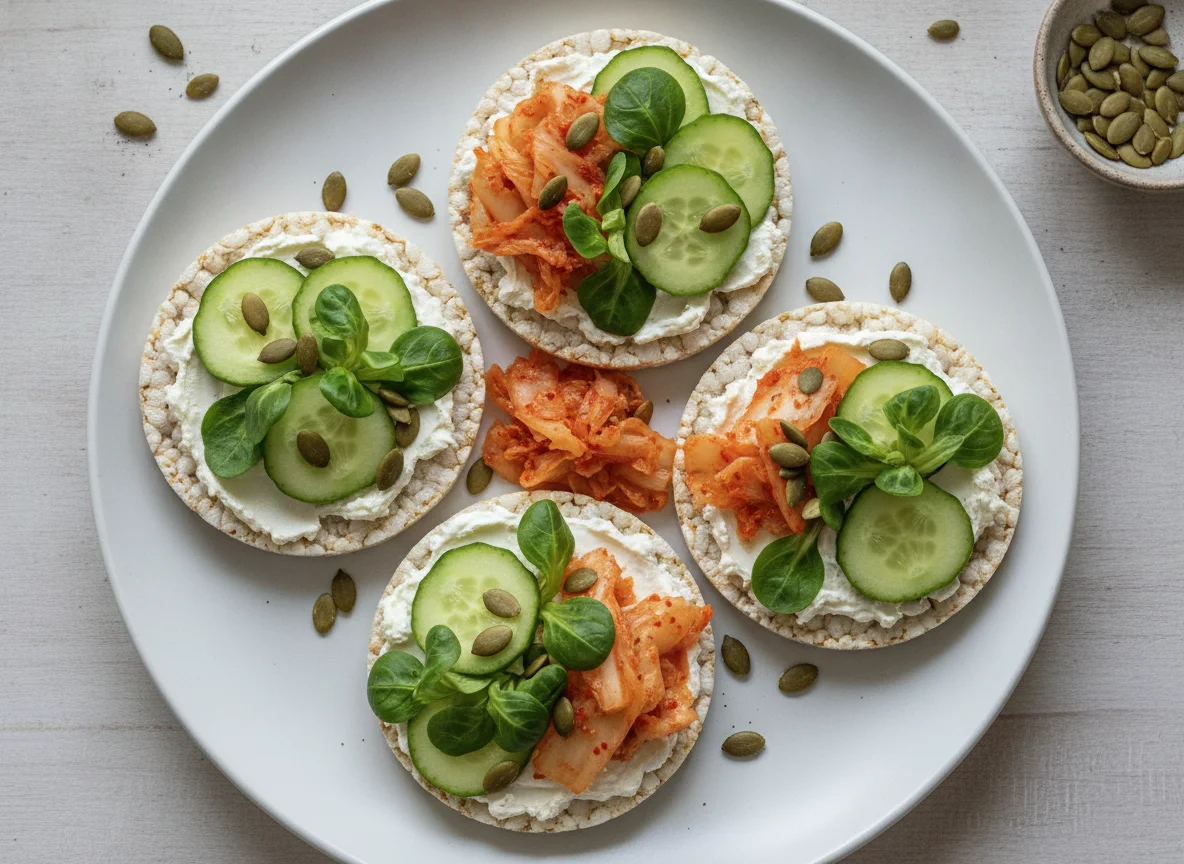 Reiswaffeln mit Frischkäse, Gurke, Feldsalat und Kürbiskernen photo