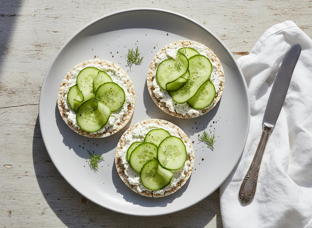 Reiswaffeln mit Frischkäse und Gurke photo