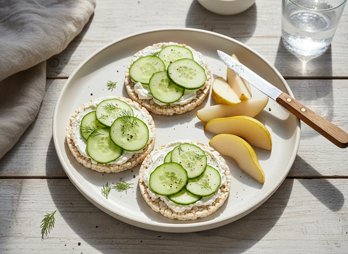 Reiswaffeln mit Frischkäse und Gurke, dazu Birne photo