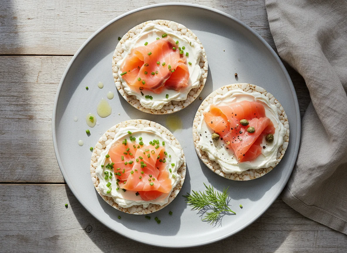 Reiswaffeln mit Frischkäse und Lachs photo
