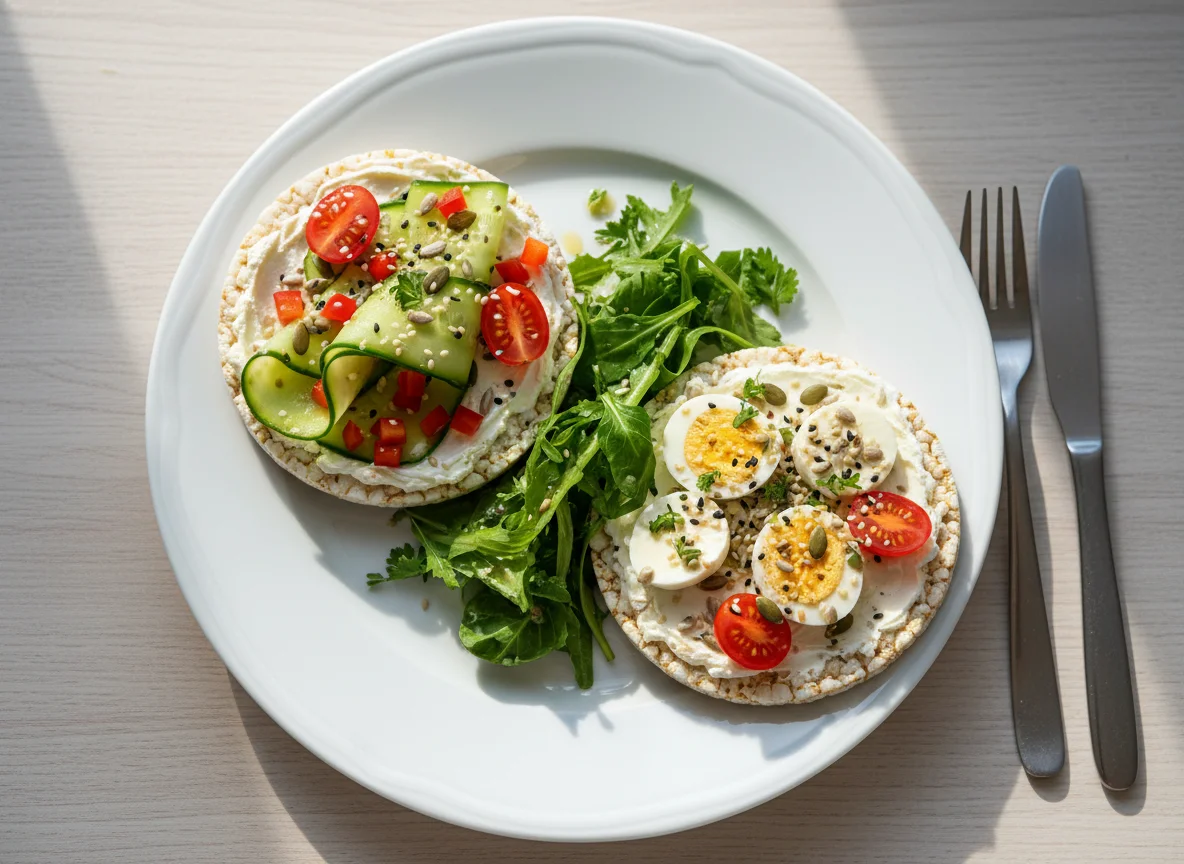 Reiswaffeln mit Frischkäse und Salat photo