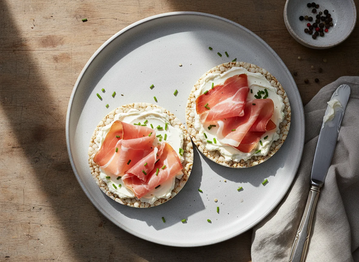Reiswaffeln mit Frischkäse und Schinken photo