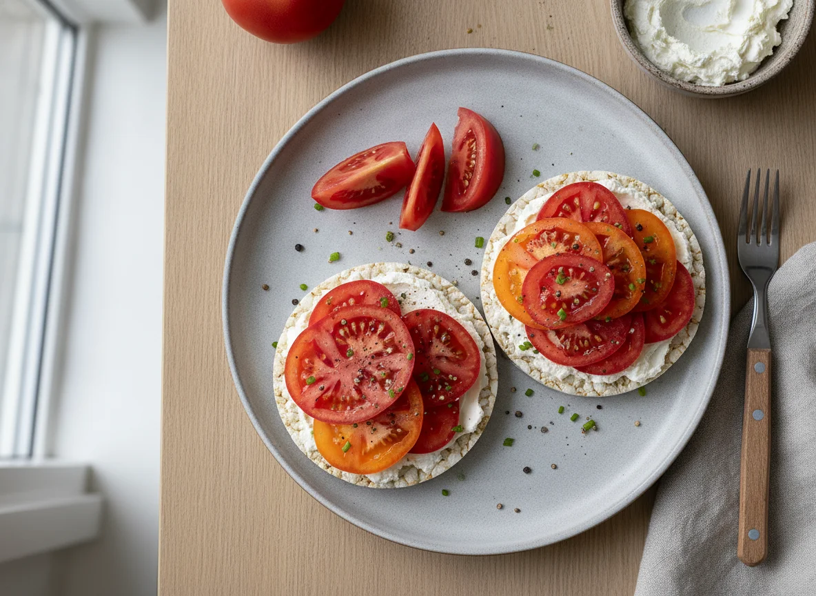 Reiswaffeln mit Frischkäse und Tomaten photo
