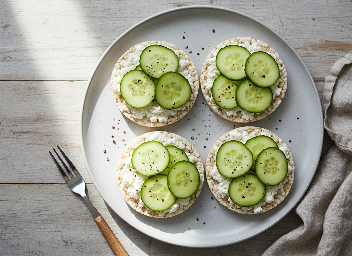 Reiswaffeln mit Hüttenkäse und Gurke photo