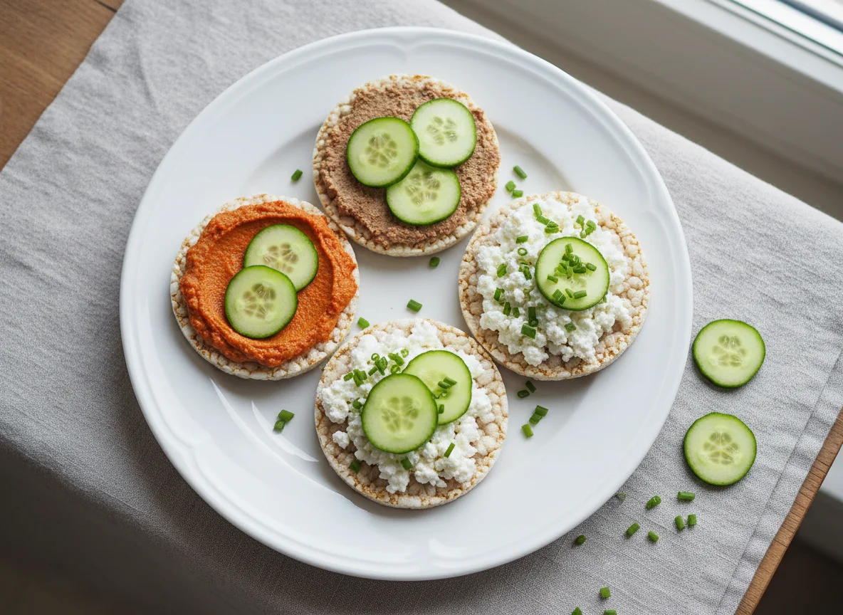 Reiswaffeln mit verschiedenen Aufstrichen und Gurke photo