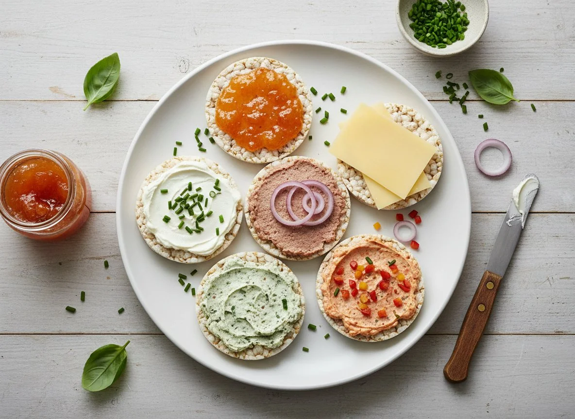 Reiswaffeln mit verschiedenen Aufstrichen und Käse photo