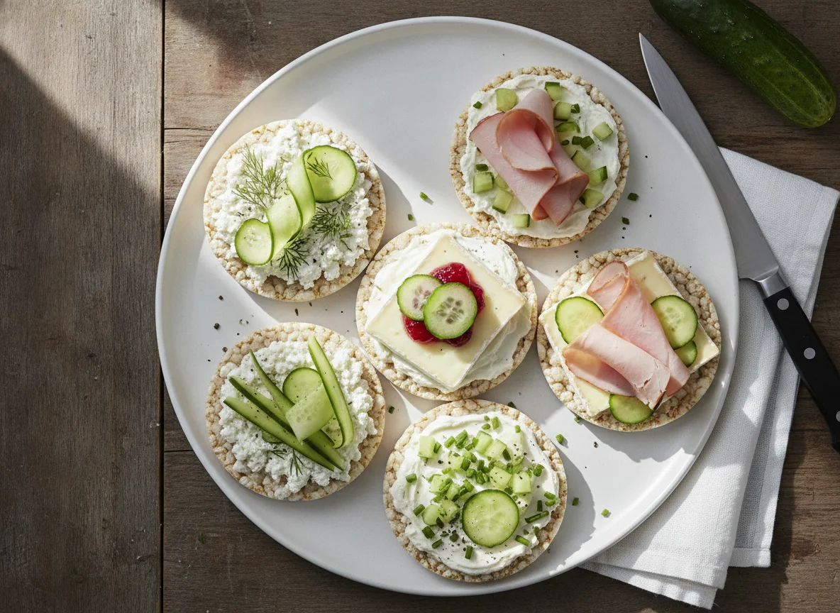 Reiswaffeln mit verschiedenen Belägen und Gurke photo