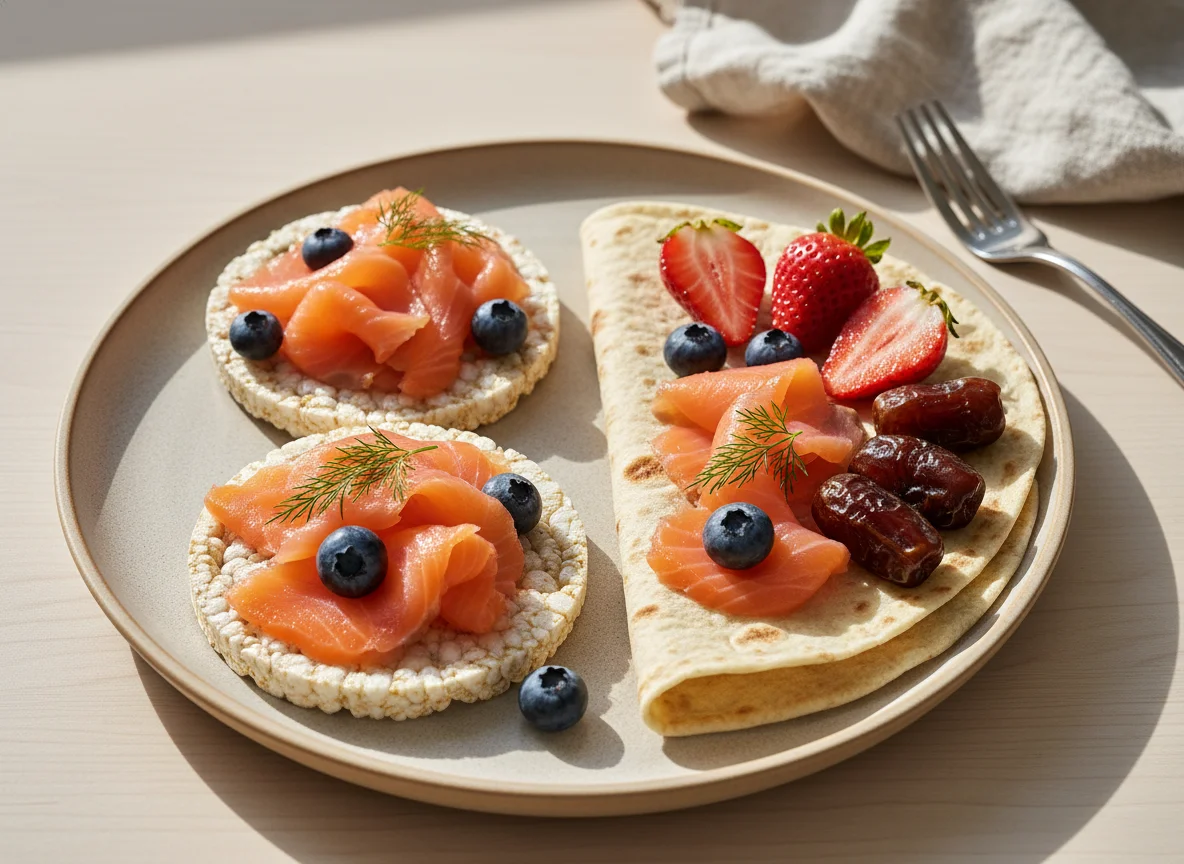 Reiswaffeln und Fladenbrot mit Lachs, Beeren und Dattel photo