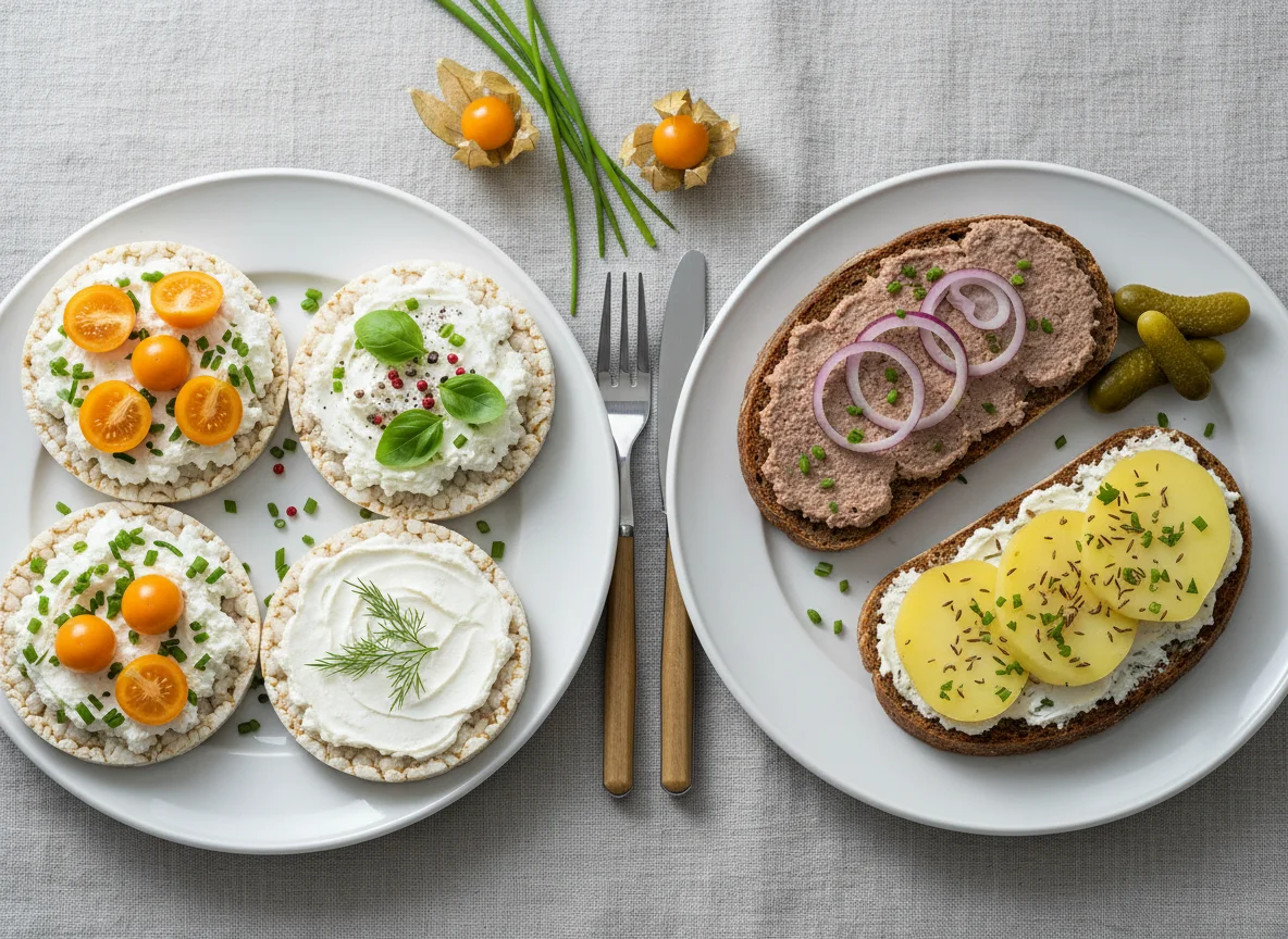 Reiswaffeln und Roggenbrot mit verschiedenen Belägen photo