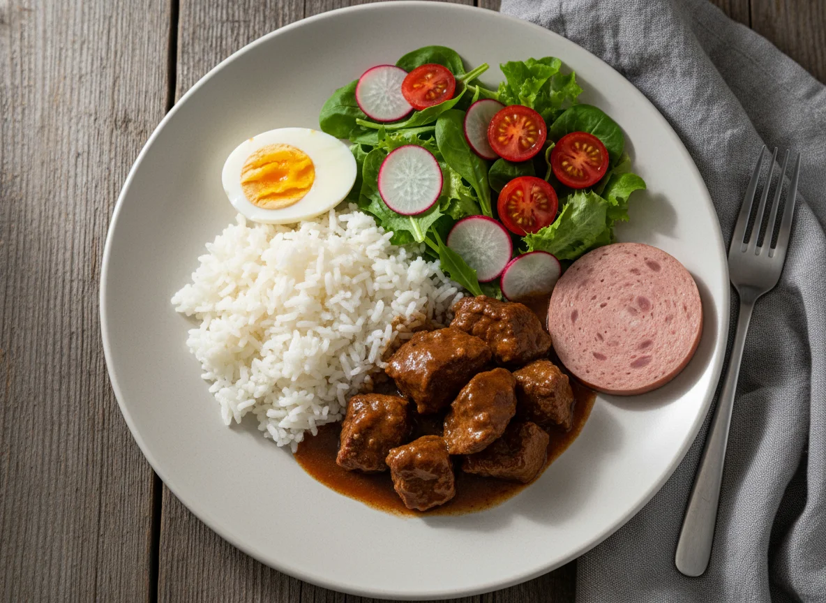Restteller mit Fleisch, Reis und Salat photo