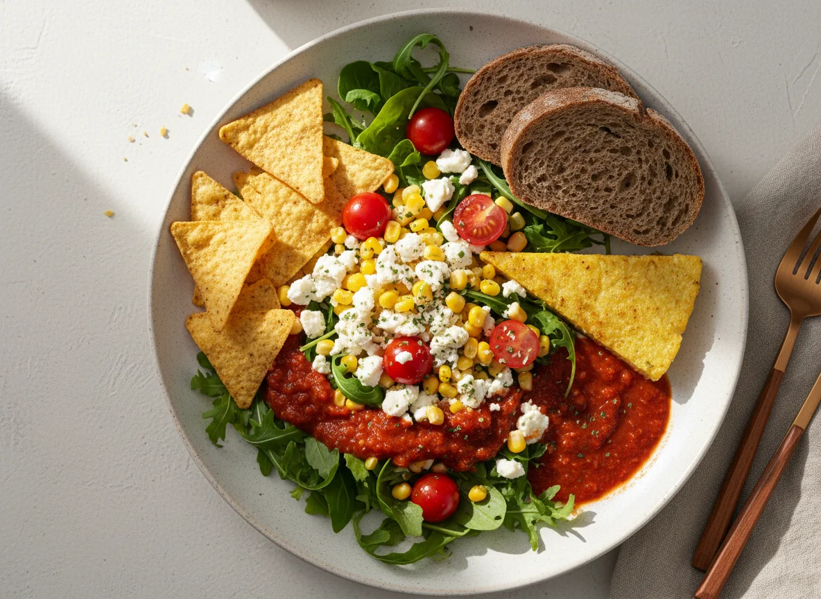 Restteller mit Salatbeilagen und Brot photo