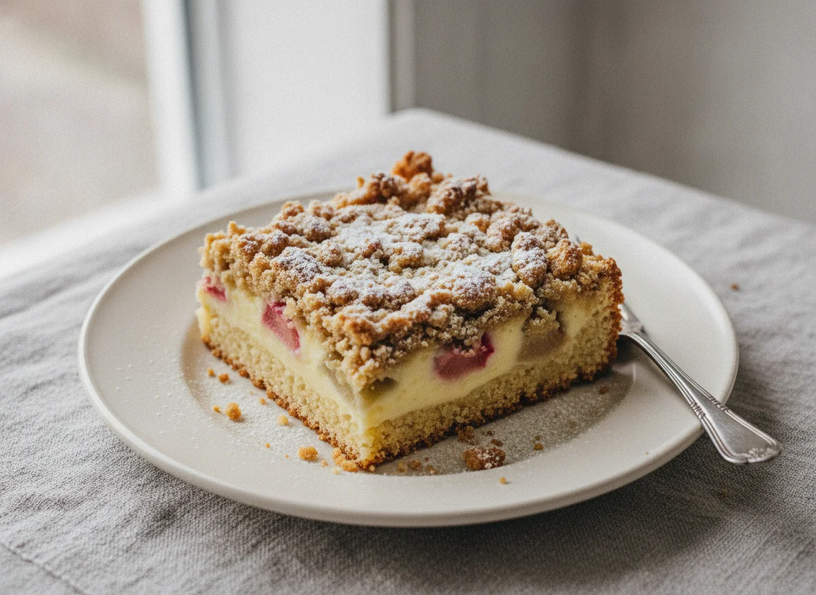 Rhabarber-Streuselkuchen mit Pudding photo