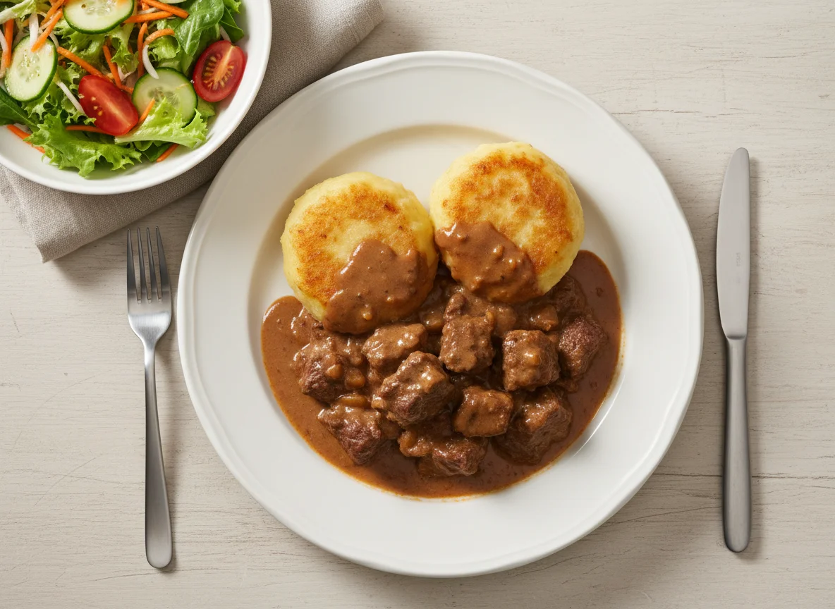Rheinischer Sauerbraten mit Klößen und Beilagensalat photo