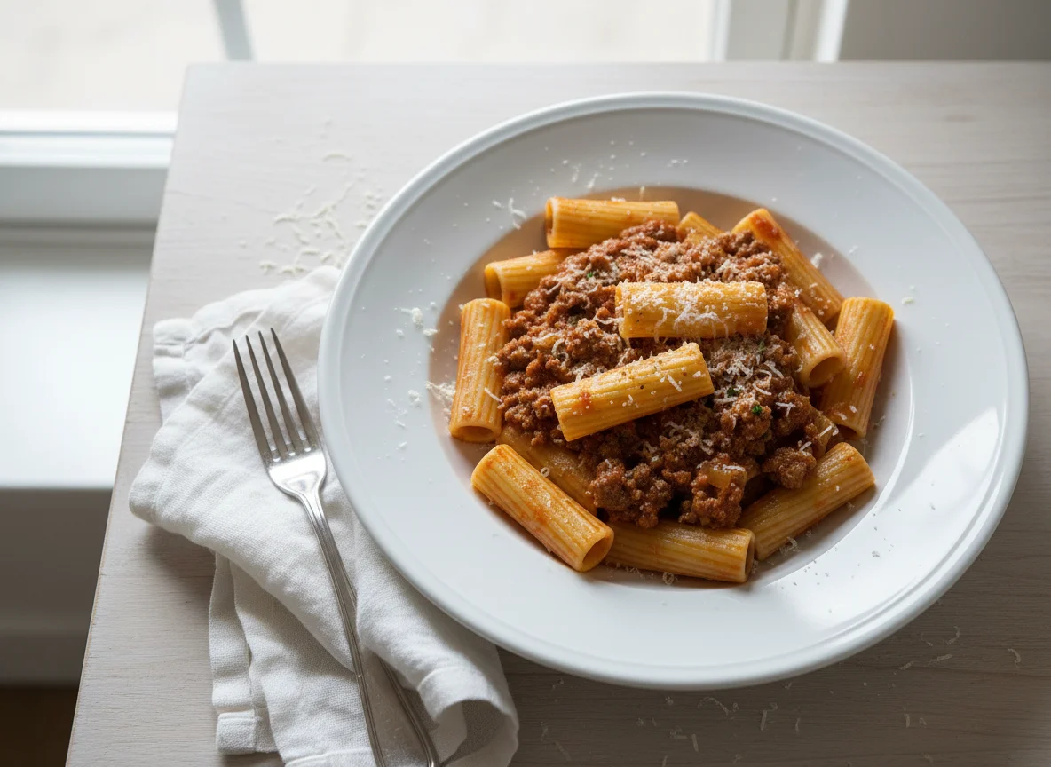 Rigatoni Bolognese mit Parmesan photo